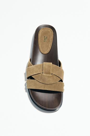 LEATHER SLIDER SANDALS - Khaki Green by Zara