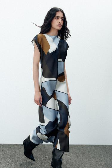 VESTIDO MIDI ACETINADO ESTAMPADO - Preto / Cru da Zara