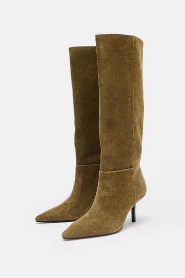 SPLIT SUEDE STILETTO HEEL BOOTS - Olive Green by Zara - Image 2