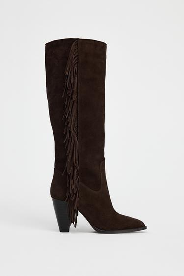 BOTTES À TIGE HAUTE AVEC FRANGES EN CROÛTE DE CUIR - Marron chocolat de Zara