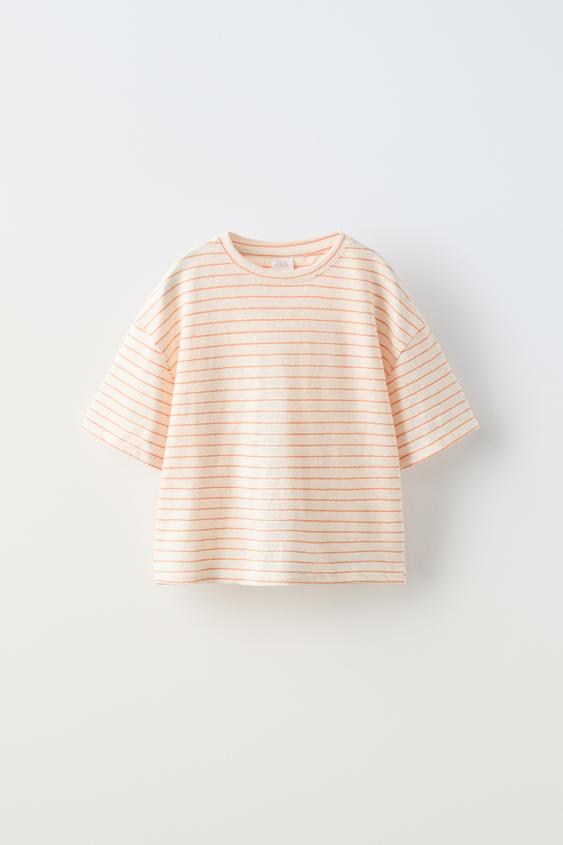 STRIPED COTTON AND LINEN T-SHIRT - Orange | ZARA Georgia