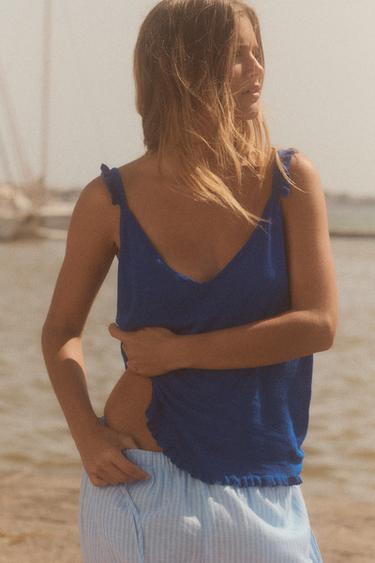 TOP IN MAGLIA CON SPALLINE E VOLANT - Azzurro intenso di Zara