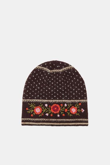 GORRO BEANIE TOPOS BORDADOS FLORES - Marrón de Zara