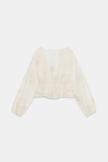 EMBROIDERED SEMI-SHEER BLOUSE - Light beige by Zara - Image 8
