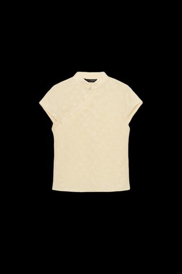 CAMISA BORDADOS CUELLO MAO - Amarillo claro de Zara