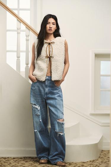 Zara 綁帶人造剪毛羊皮背心 - 裸色