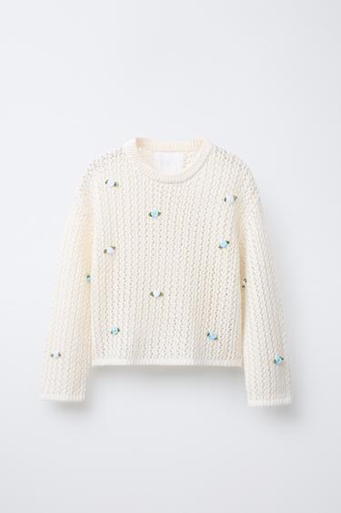Zara RED SWEATER WITH FLORAL APPLIQUÉ - Ecru