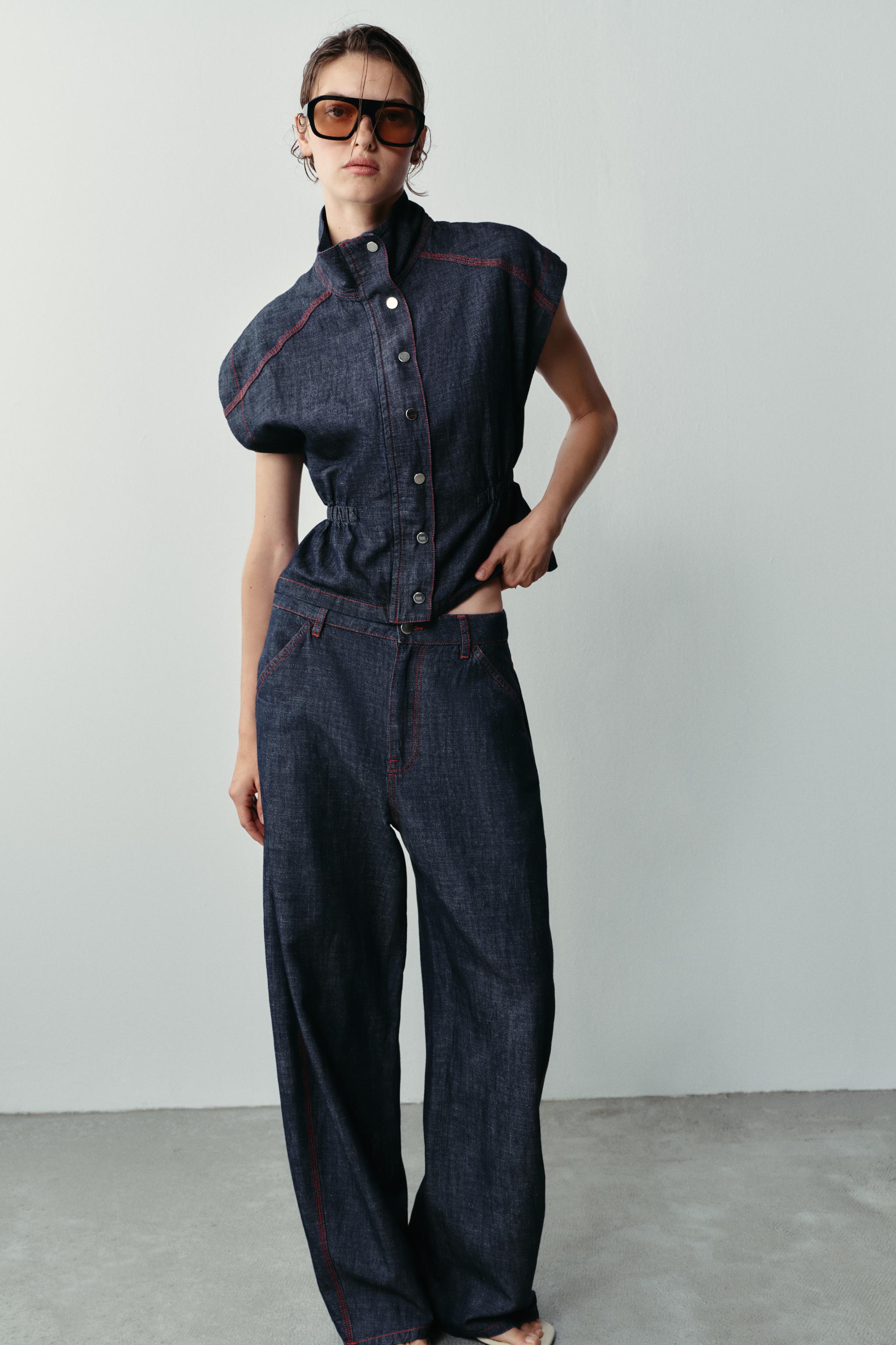 LINEN BARREL PANTS WITH CONTRAST TOPSTITCHING