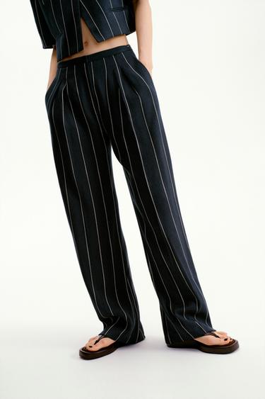 Zara ZARA WOMAN COLLECTION 條紋亞麻長褲 - 海藍色