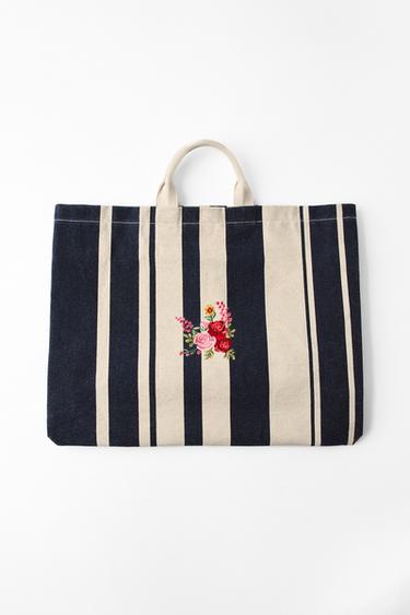 Zara MAXI STRIPED FLORAL EMBROIDERY TOTE - striped