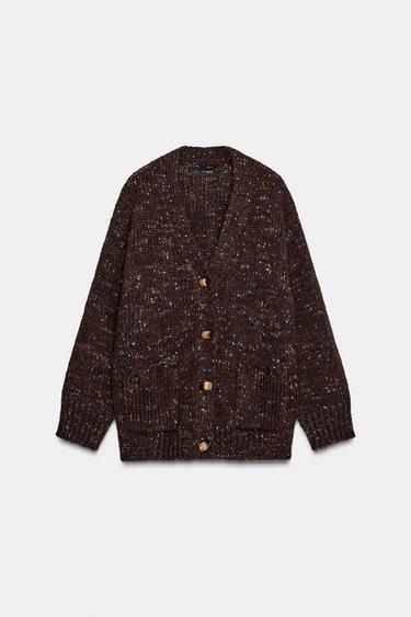 Zara OVERSIZED KNIT PINCHITA CARDIGAN - Dark brown