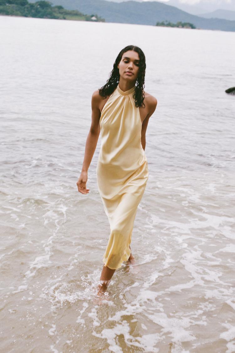 SATIN HALTER MIDI DRESS Yellow ZARA South Africa
