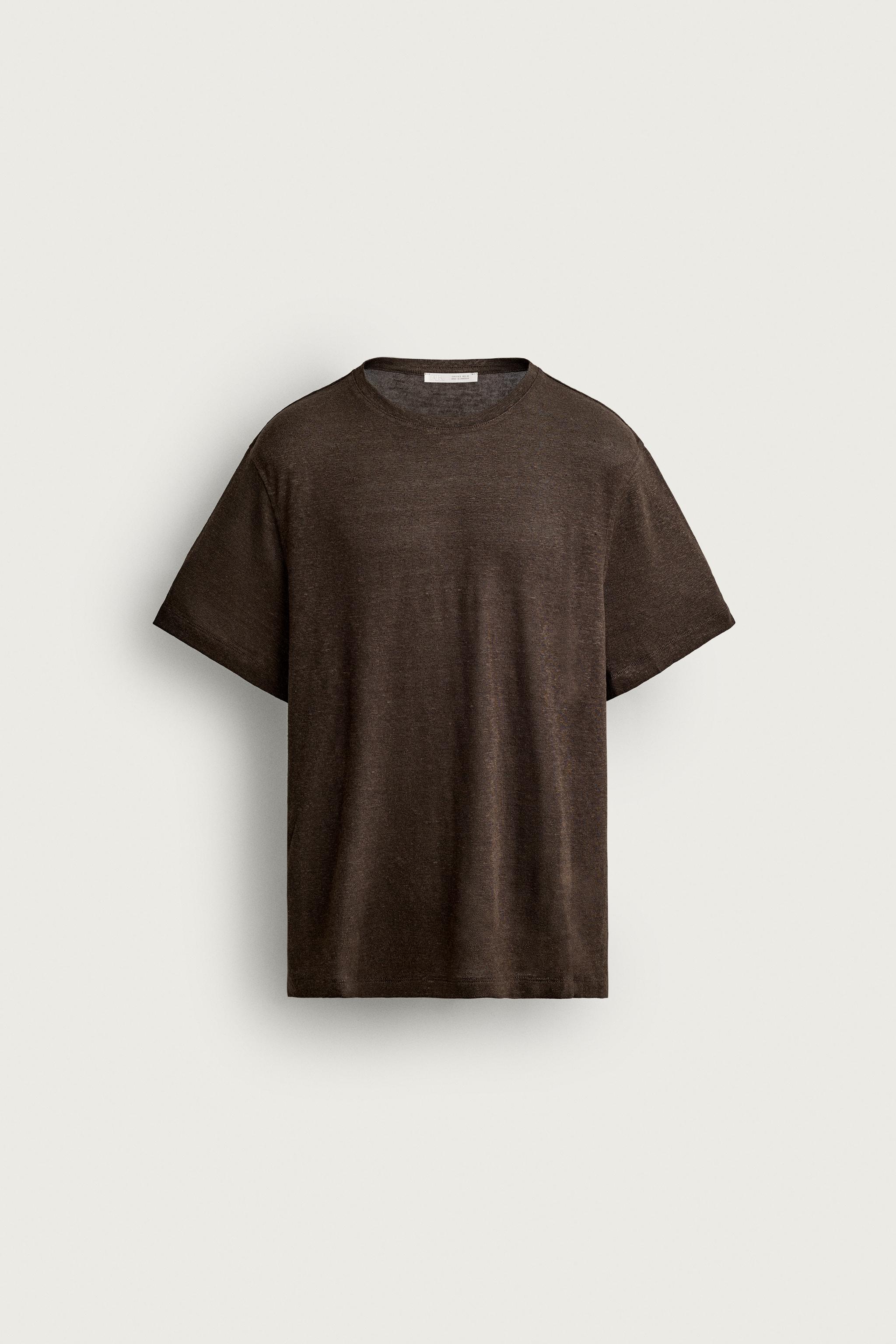 HEMP-VISCOSE REGULAR FIT T-SHIRT — Dark brown