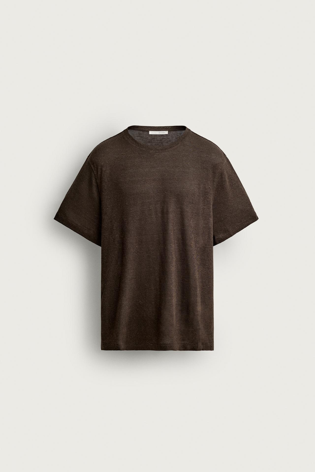 HEMP-VISCOSE REGULAR FIT T-SHIRT — Dark brown
