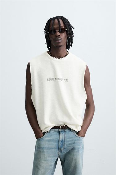 მაისური TANK ნაქსოვი პრინტიანი გარეცხილი - Zara-ს Beige