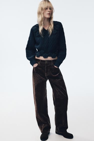 Zara EMBOSSED FLORAL KNIT JUMPER - Blue