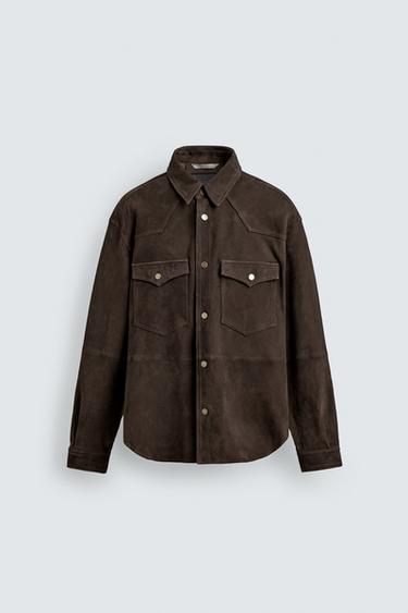 REGULAR FIT SUEDE LEATHER OVERSHIRT - Dark brown by Zara