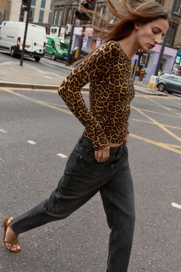 PULLOVER IN MAGLIA STAMPATO ANIMALIER Nero Marrone ZARA