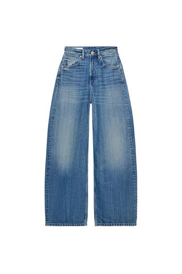 Zara TRF WIDE LEG HIGH WAIST FAUX LEATHER POCKET JEANS - Blue