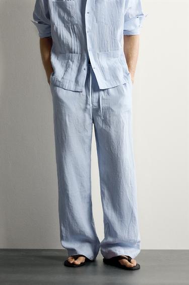 100% LINEN RELAXED FIT TROUSERS - Sky blue by Zara
