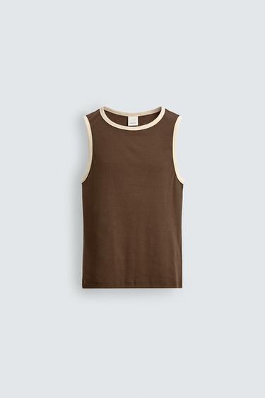 CONTRAST RIBBED TANK TOP - Brown by Zara