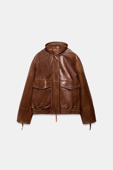 Zara 100% LEATHER BOMBER JACKET ZW COLLECTION LIMITED EDITION - Brown