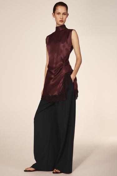 VESTIDO MINI COMBINADO ENCAJE - Burgundy de Zara - Imagen 0