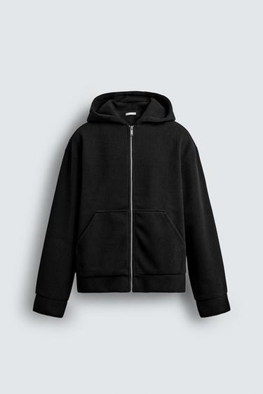 SWEAT CÔTELÉ ZIPPÉ À CAPUCHE - Noir de Zara