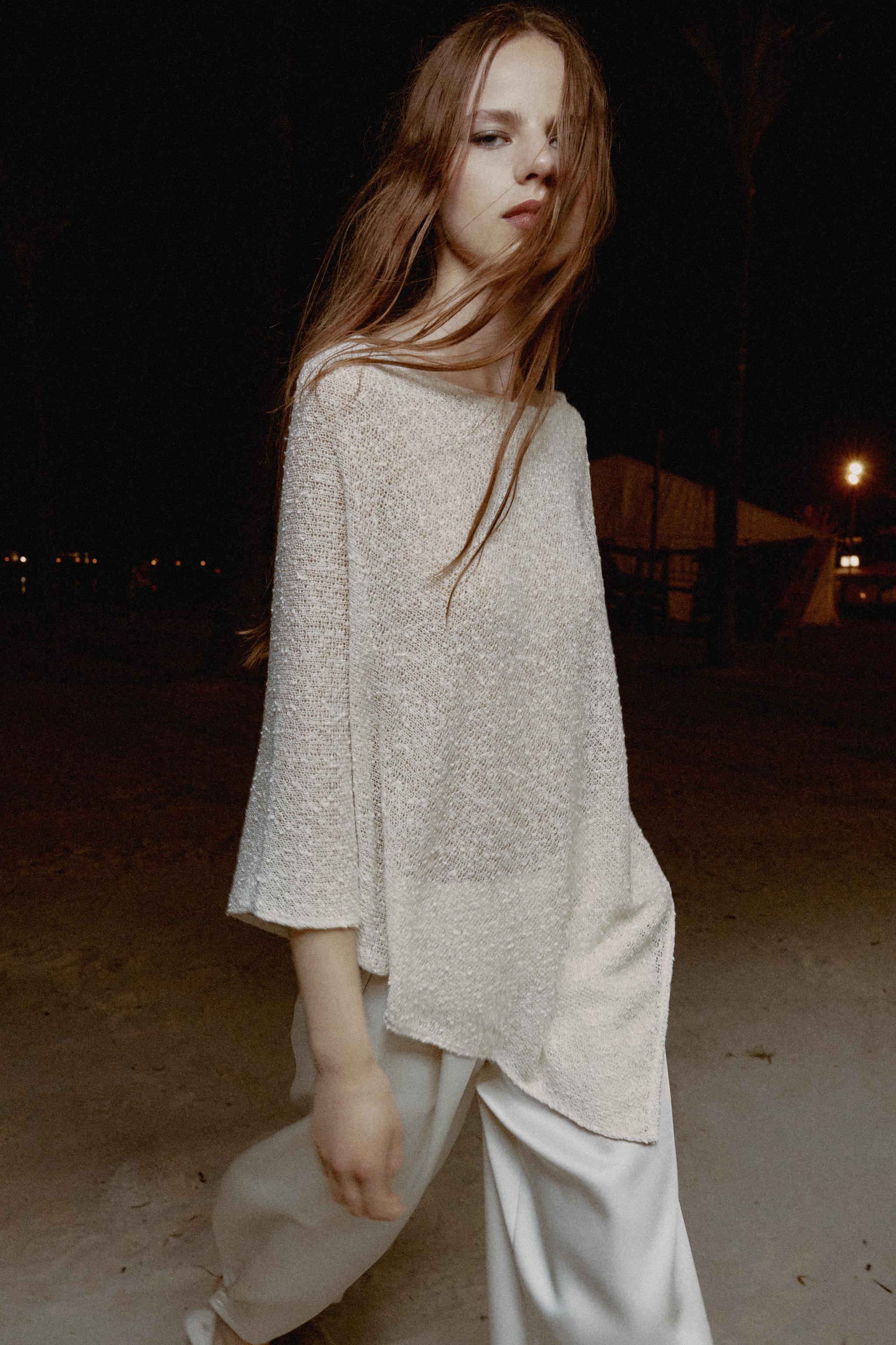 METALLIC THREAD ASYMMETRIC CAPE — Ecru (alternate view)
