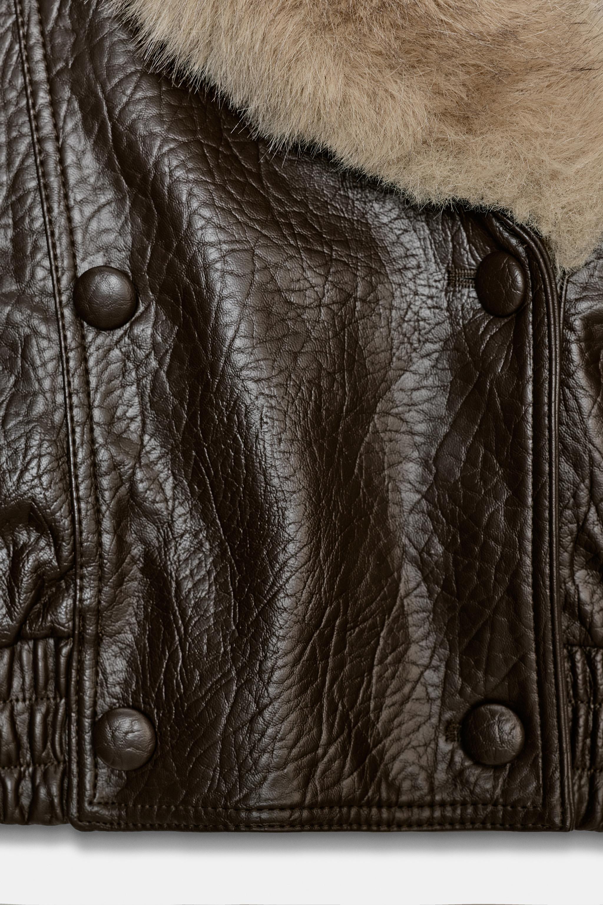 取り外し可能な襟付きフェイクレザージャケット - ダークブラウン