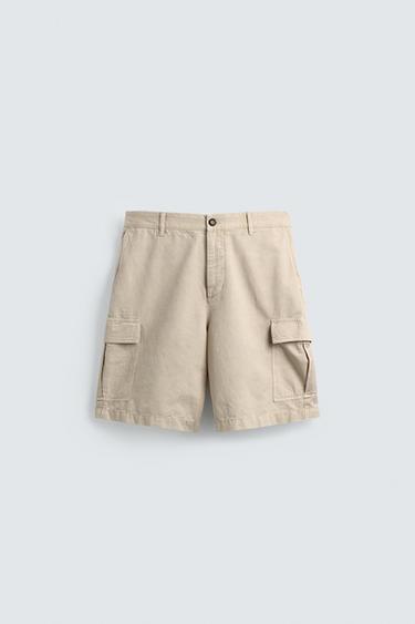 Zara 棉麻混紡工裝短褲 - 淺米色
