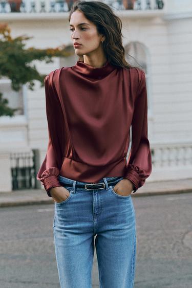 SATIN BLOUSE WITH SHOULDER PADS — Burgundy 1