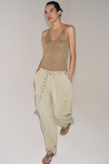 Zara SEQUIN CARGO PANTS ZW COLLECTION - Light khaki