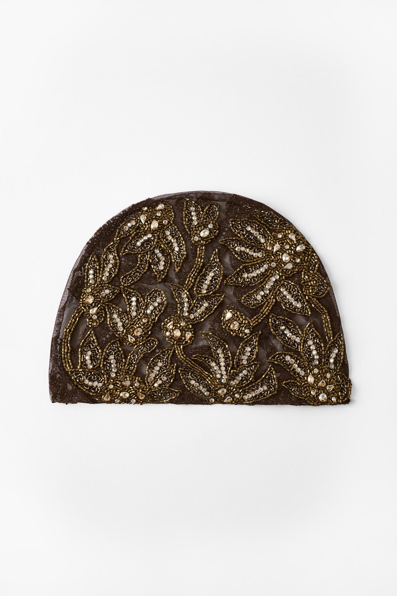 BEADED TULLE FASCINATOR — Brown