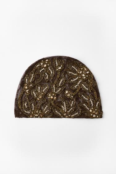 BEADED TULLE FASCINATOR — Brown 1