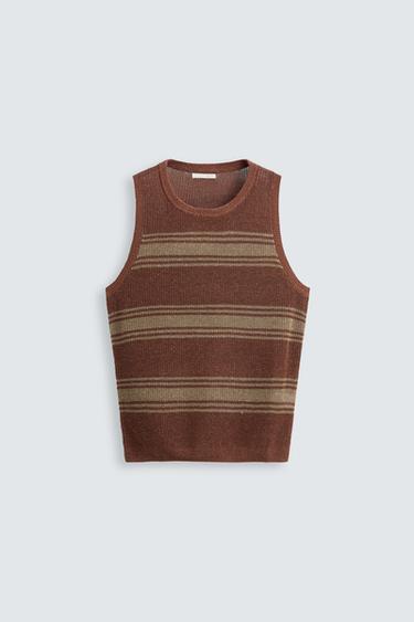 Zara LINEN VISCOSE KNIT TANK TOP - Brown
