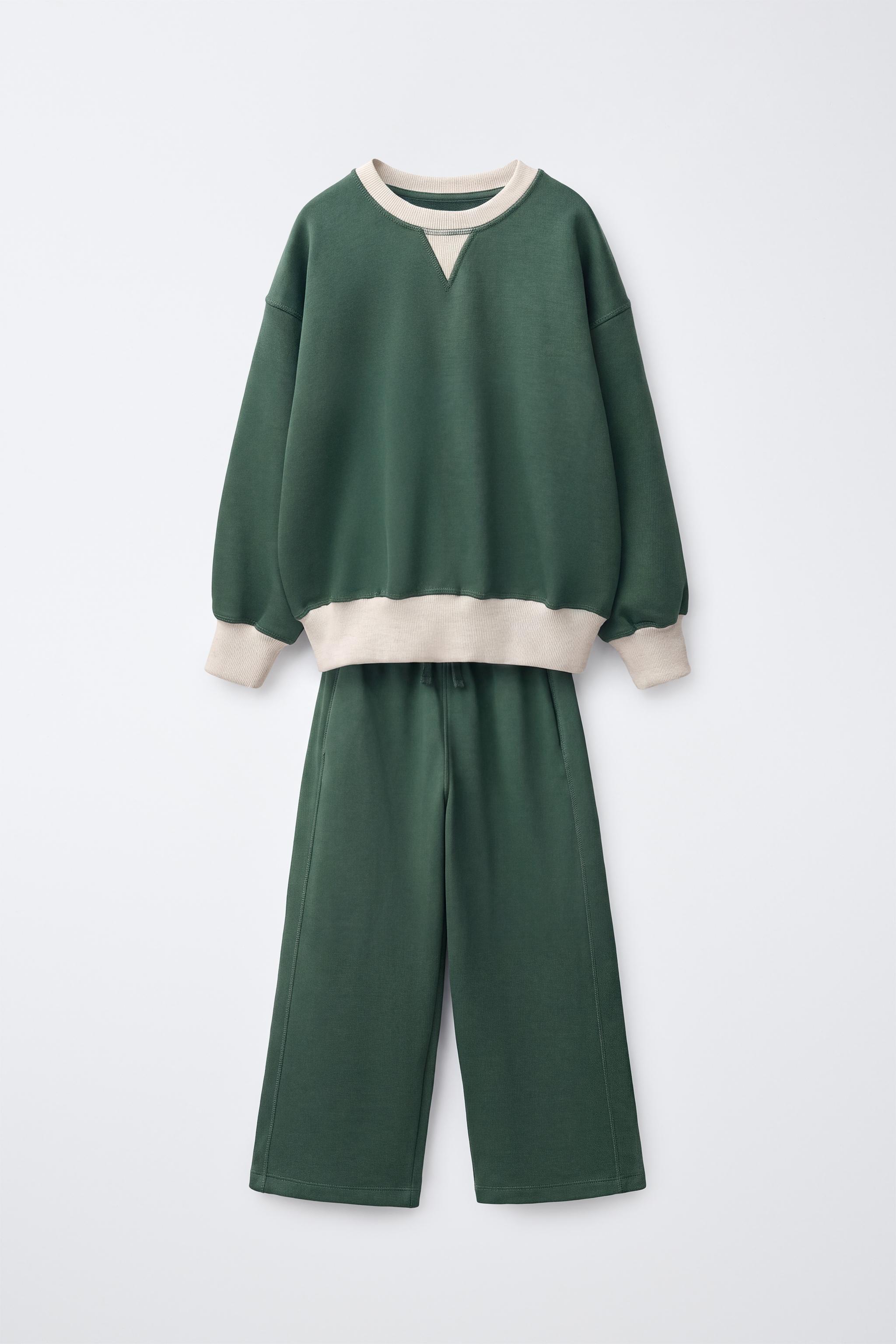 COLOR BLOCK SWEATSHIRT AND WIDE LEG PANTS SET - Green | ZARA