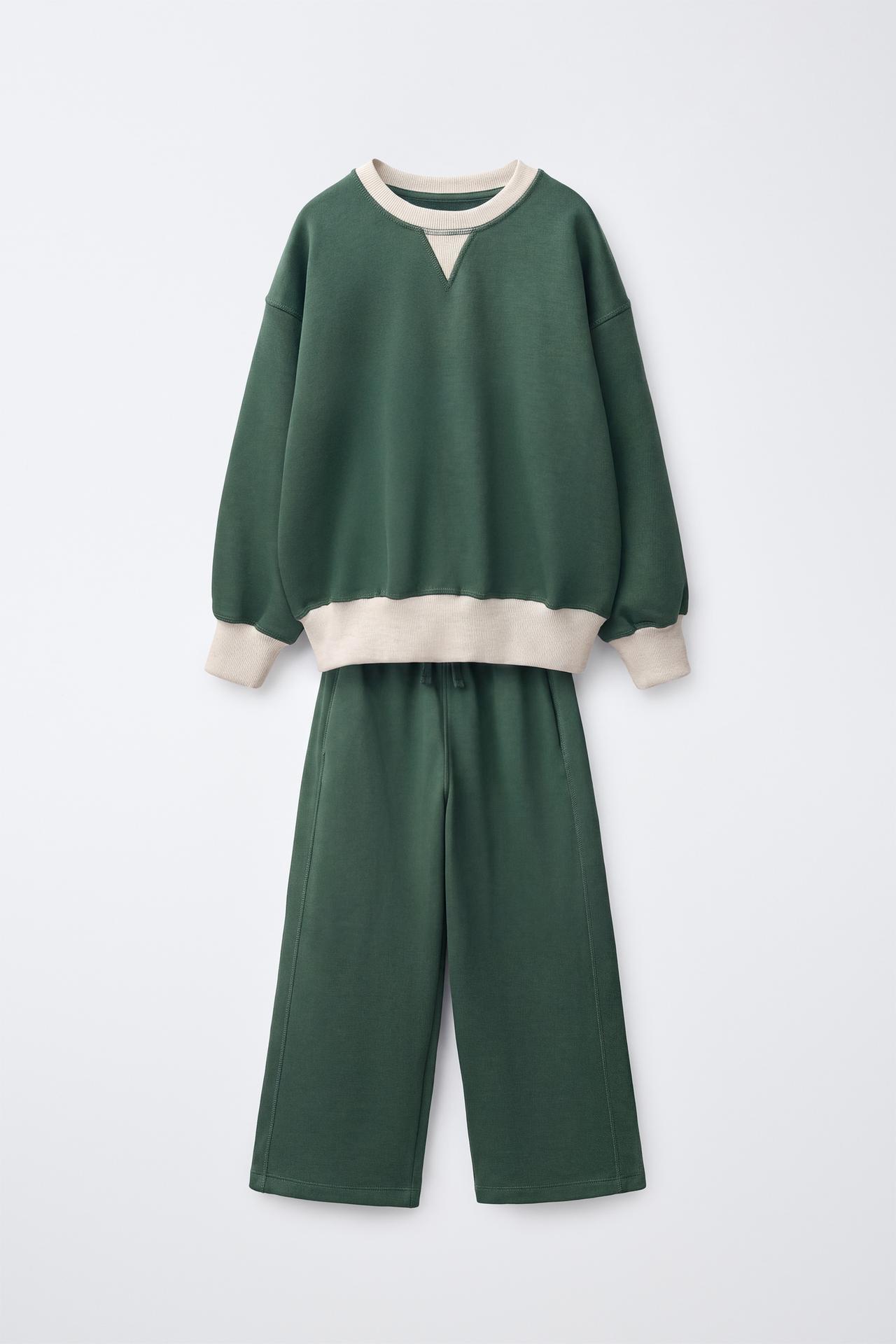 COLOR BLOCK SWEATSHIRT AND WIDE LEG PANTS SET — Green