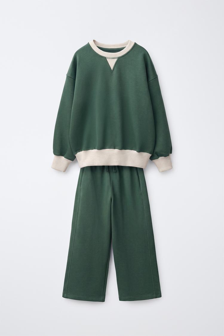COLOR BLOCK SWEATSHIRT AND WIDE LEG PANTS SET — Green