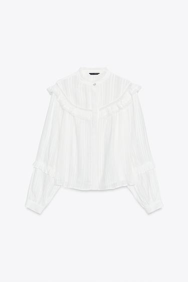 Zara LACE TRIM RUFFLE BLOUSE - White