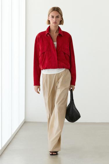 Zara Suede leather bomber jacket with pocket details - Red