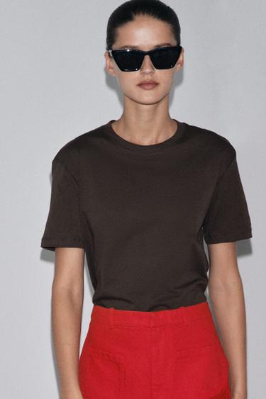Zara BASIC COTTON T-SHIRT - Brown