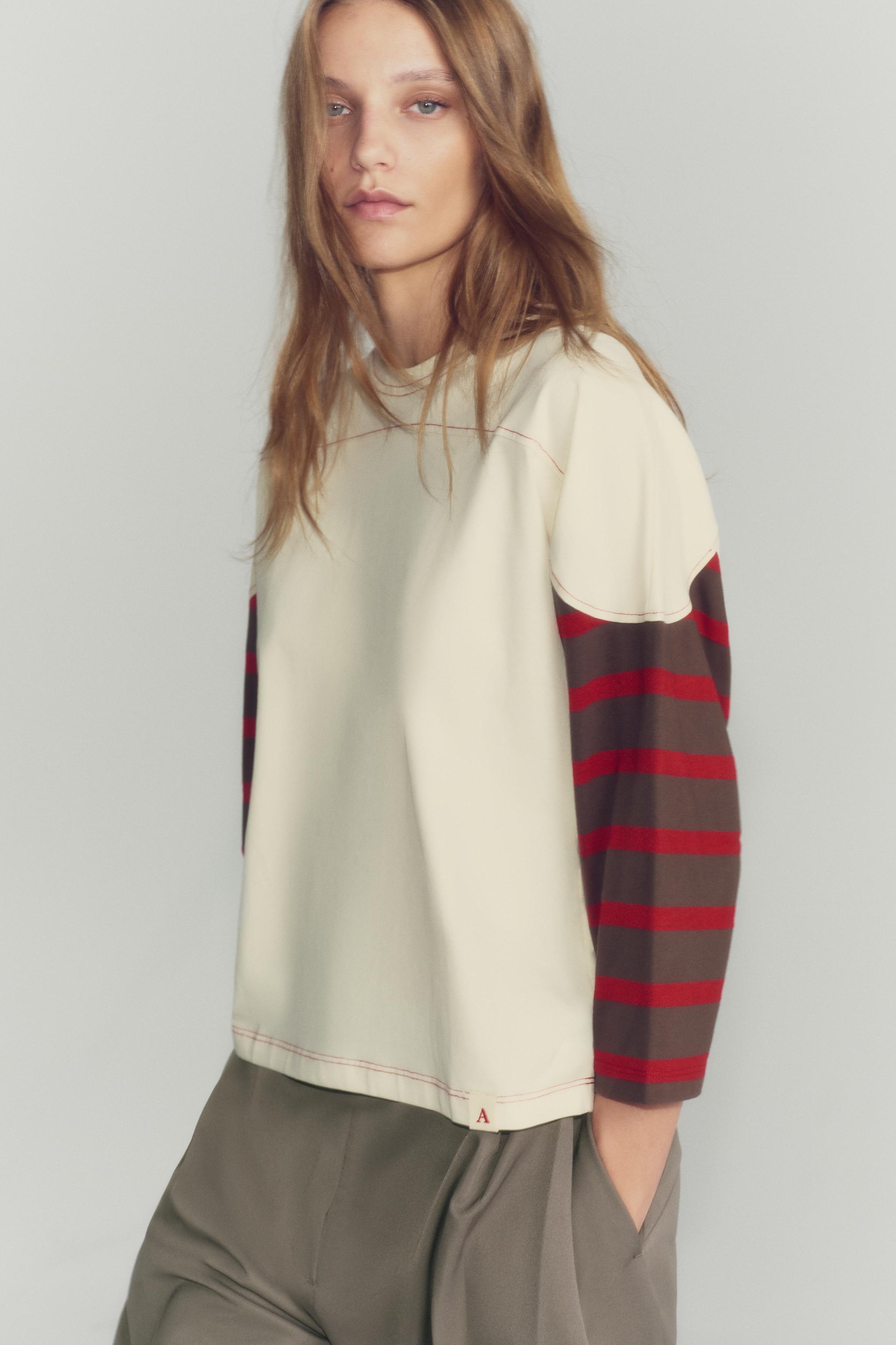 CONTRAST SLEEVE STRIPED T-SHIRT — Ecru