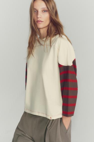 STRIPED CONTRAST SLEEVE T-SHIRT - Ecru by Zara