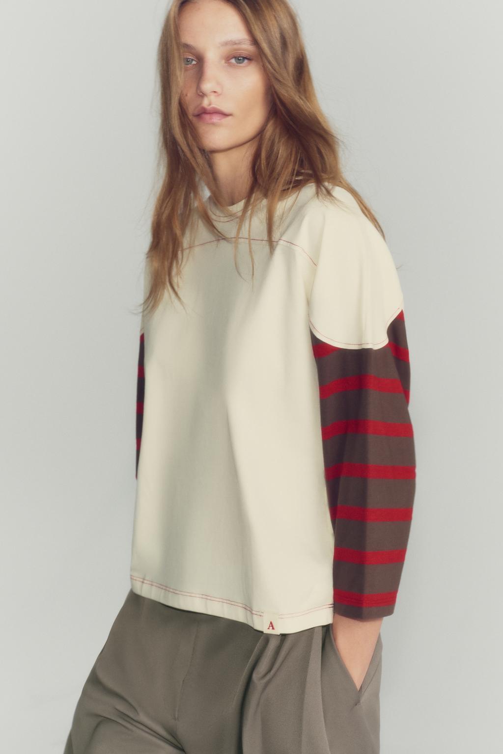 STRIPED CONTRAST SLEEVE T-SHIRT