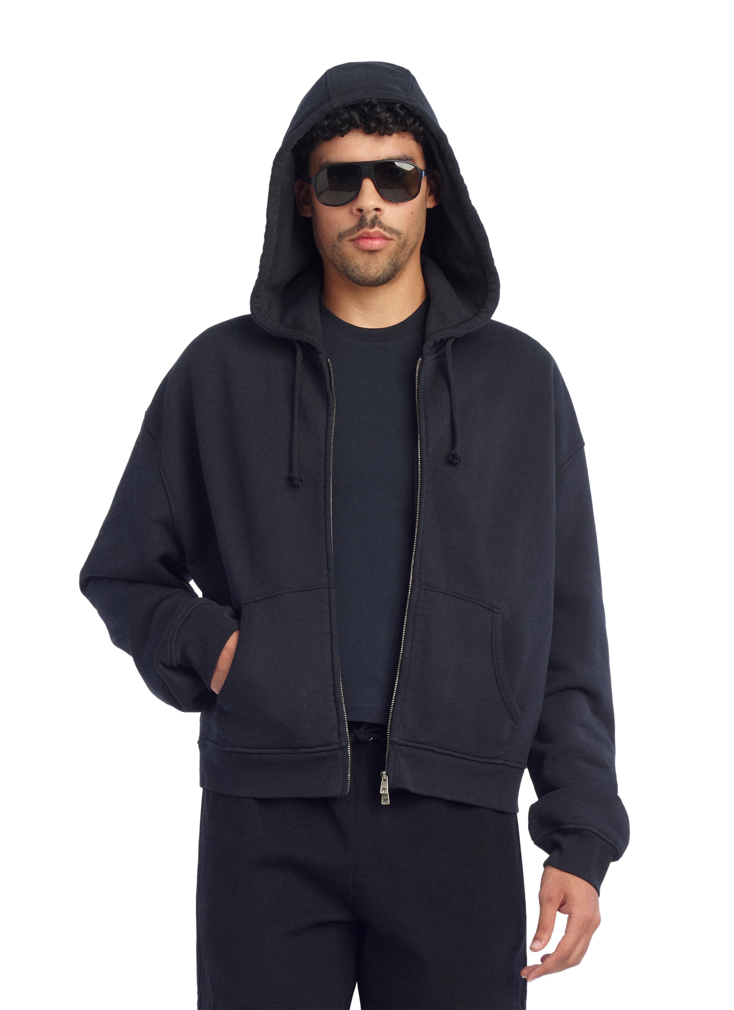 CROPPED FIT ZIPPER HOODIE SWEATSHIRT — Black