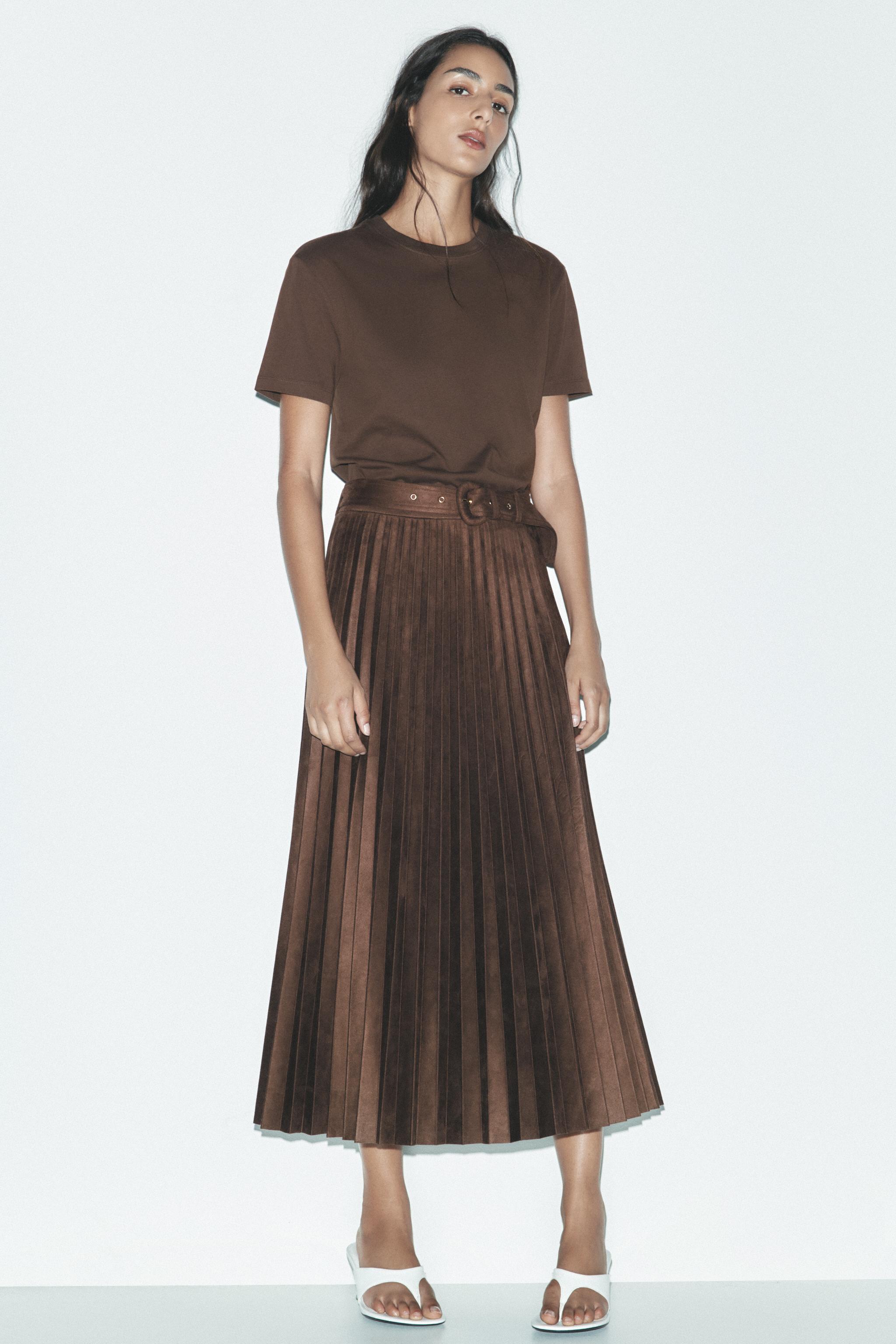 SAIA MIDI PLISSADA COM EFEITO CAMURÇA Marrom ZARA Brasil