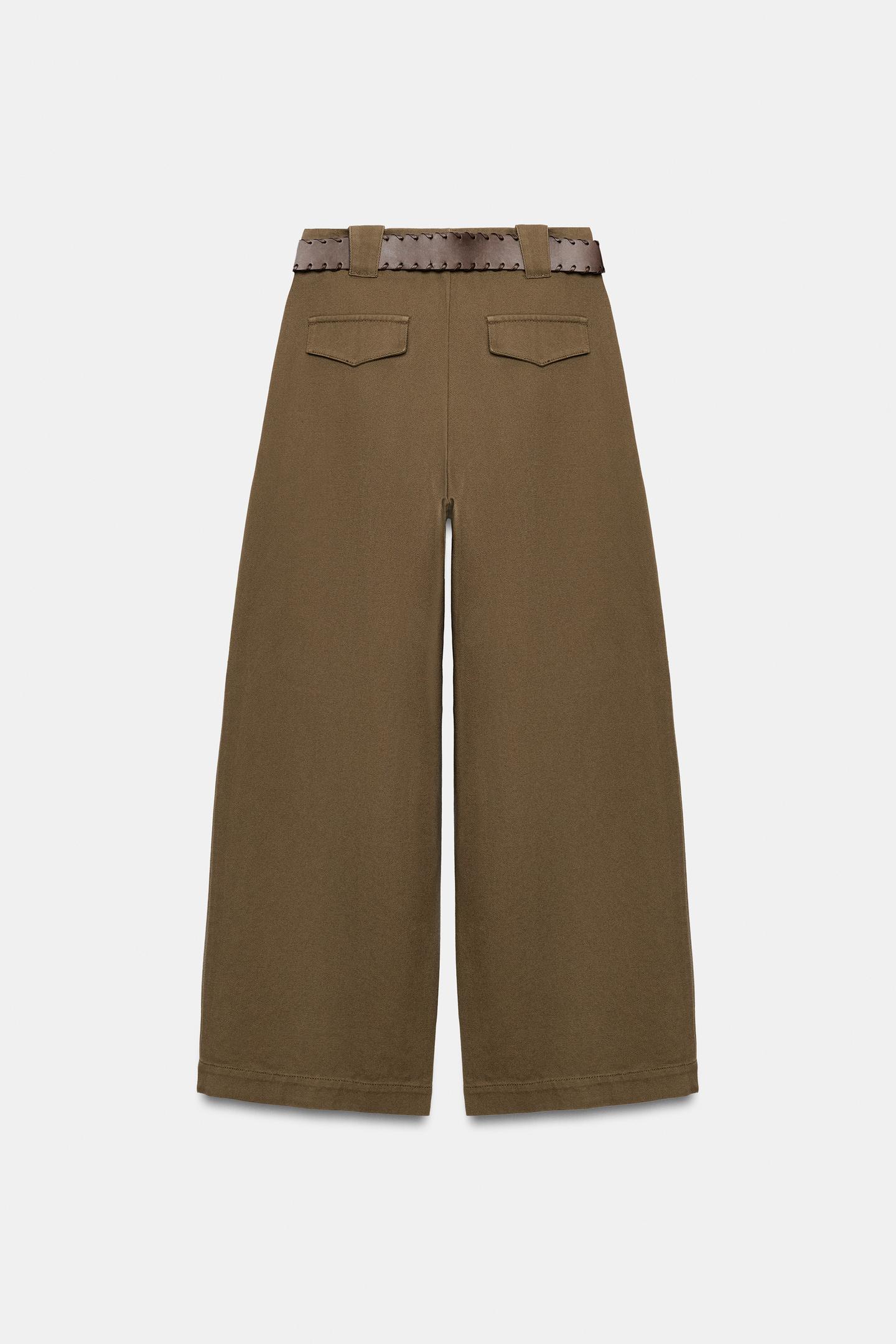 Женские брюки Zara Wide-Leg Pleated Belted, цвет: Хаки — фото 9