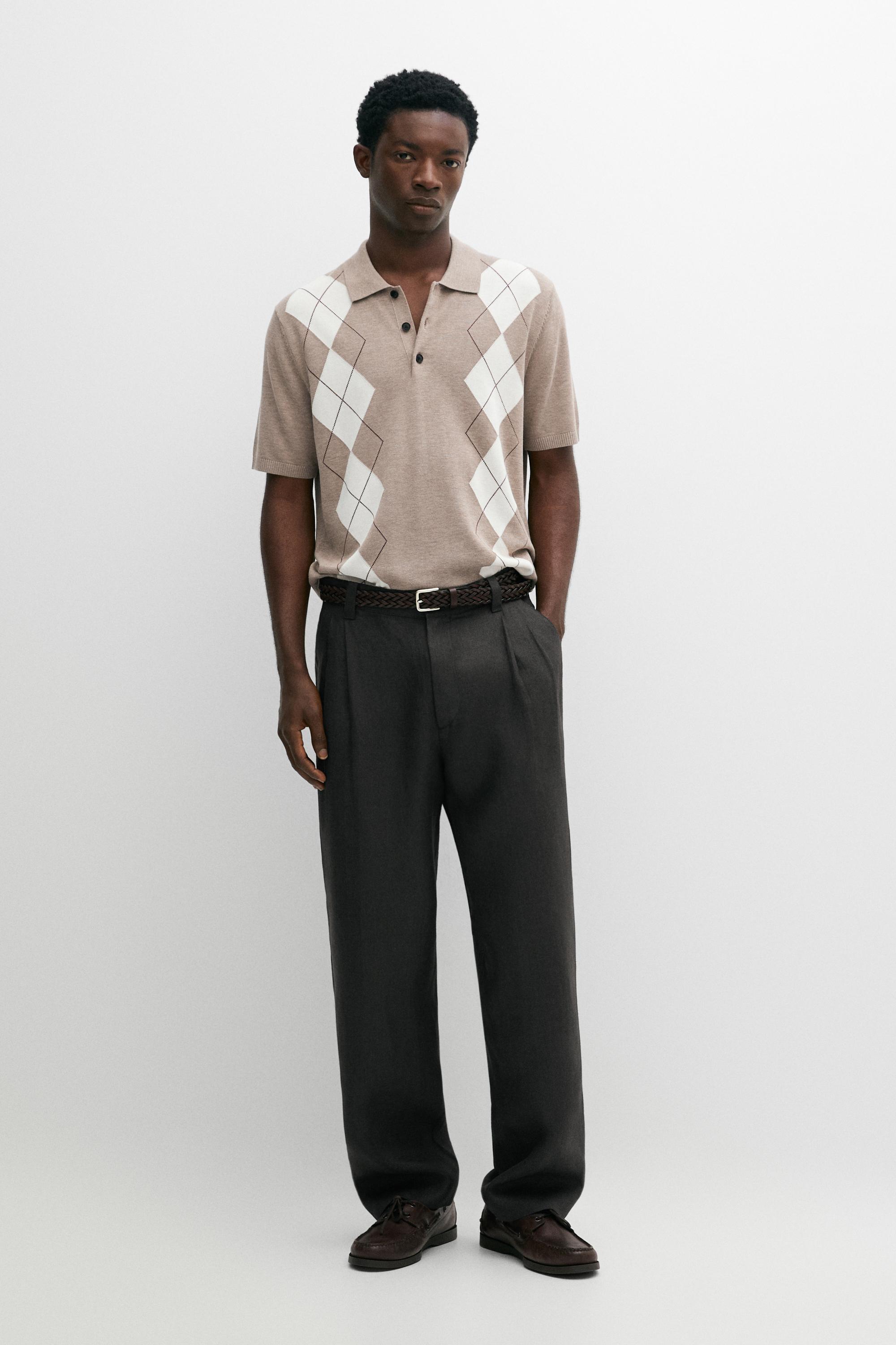 Cotton blend diamond pattern short sleeve polo shirt — Beige marl