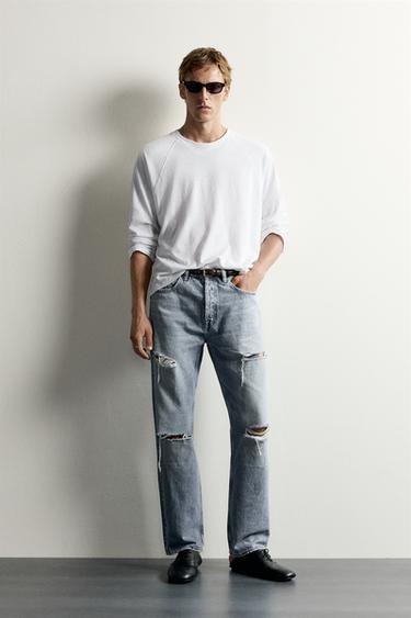 Zara DISTRESSED STRAIGHT FIT JEANS - Mid-blue